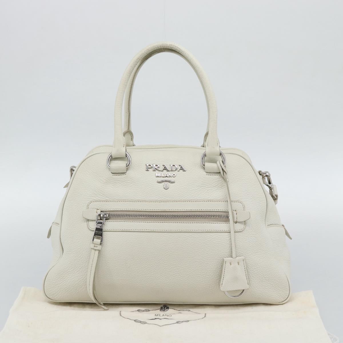 PRADA Hand Bag Vittero Dino Leather 2way White Silver Auth 192296V