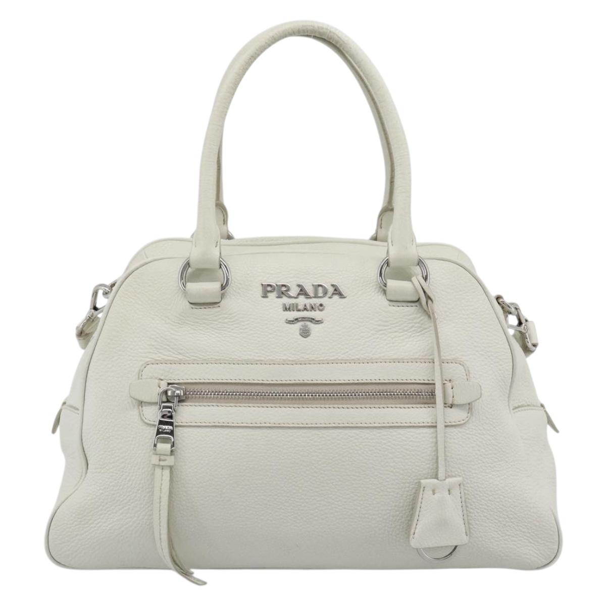 PRADA Hand Bag Vittero Dino Leather 2way White Silver Auth 192296V