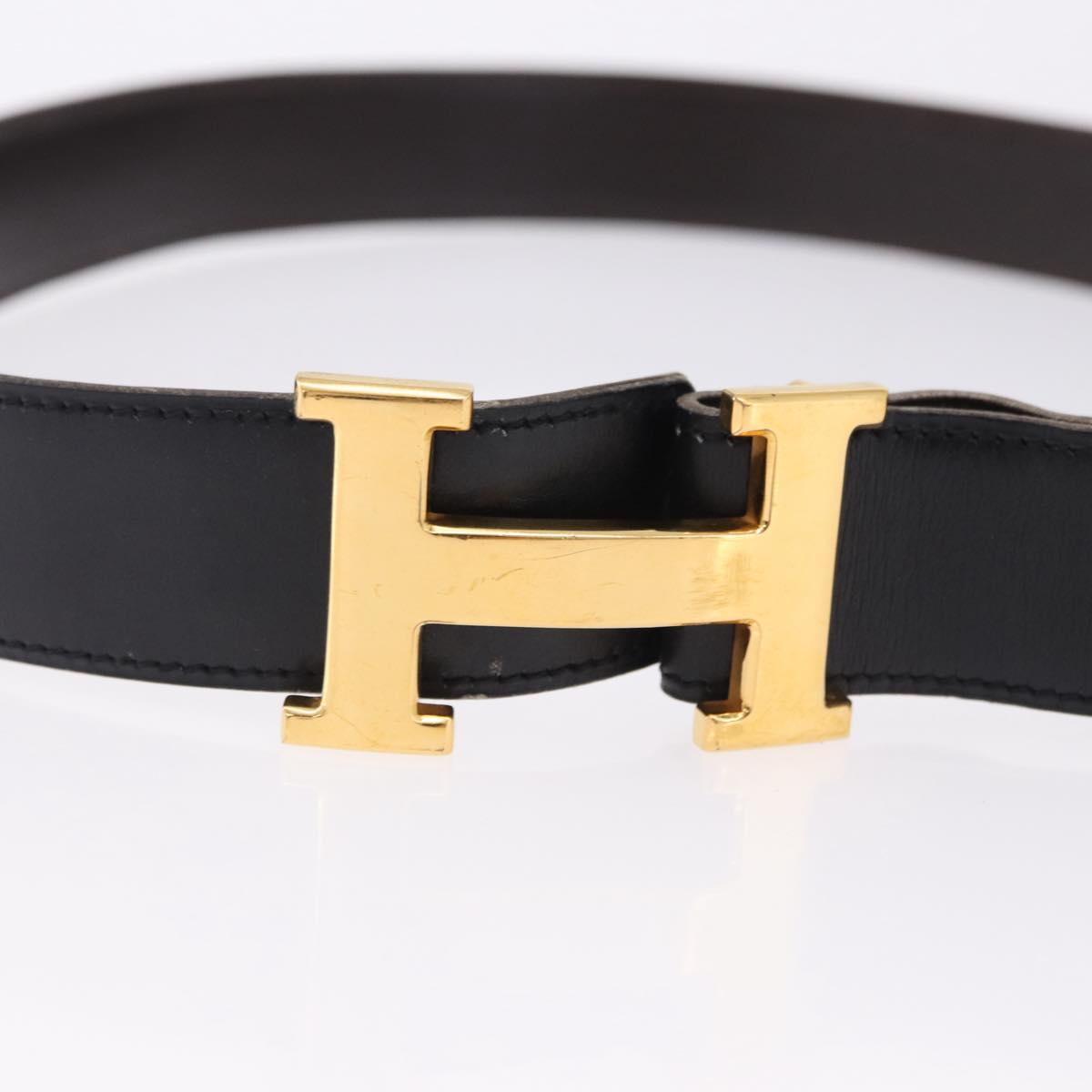 HERMES Constant H Belt Leather 35"" Black Gold Auth 192305