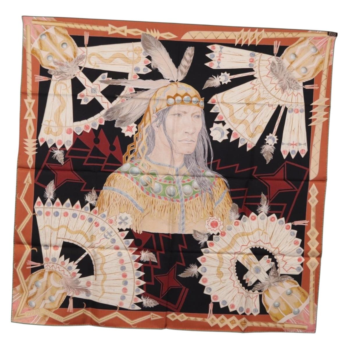 HERMES Carre90 Scarf Silk ""Cosmogonie Apache"" Brown Black Auth 192369M