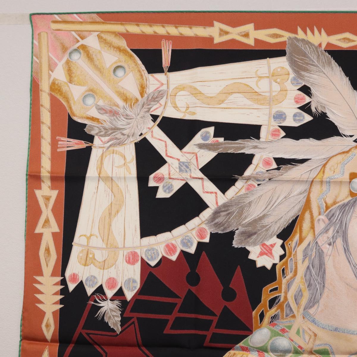 HERMES Carre90 Scarf Silk ""Cosmogonie Apache"" Brown Black Auth 192369M