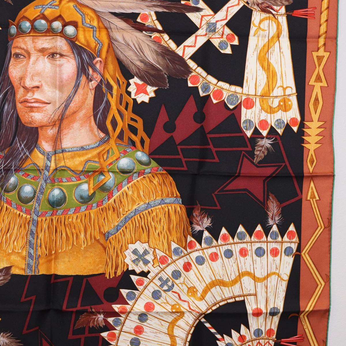 HERMES Carre90 Scarf Silk ""Cosmogonie Apache"" Brown Black Auth 192369M