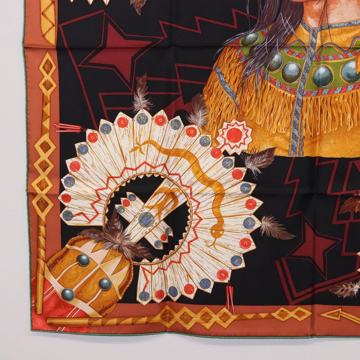 HERMES Carre90 Scarf Silk ""Cosmogonie Apache"" Brown Black Auth 192369M