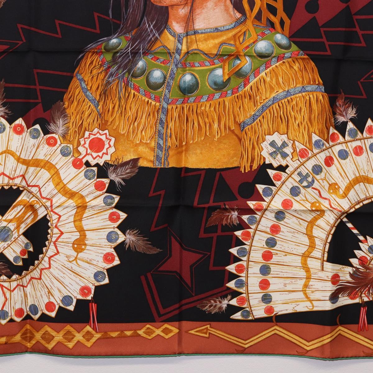HERMES Carre90 Scarf Silk ""Cosmogonie Apache"" Brown Black Auth 192369M