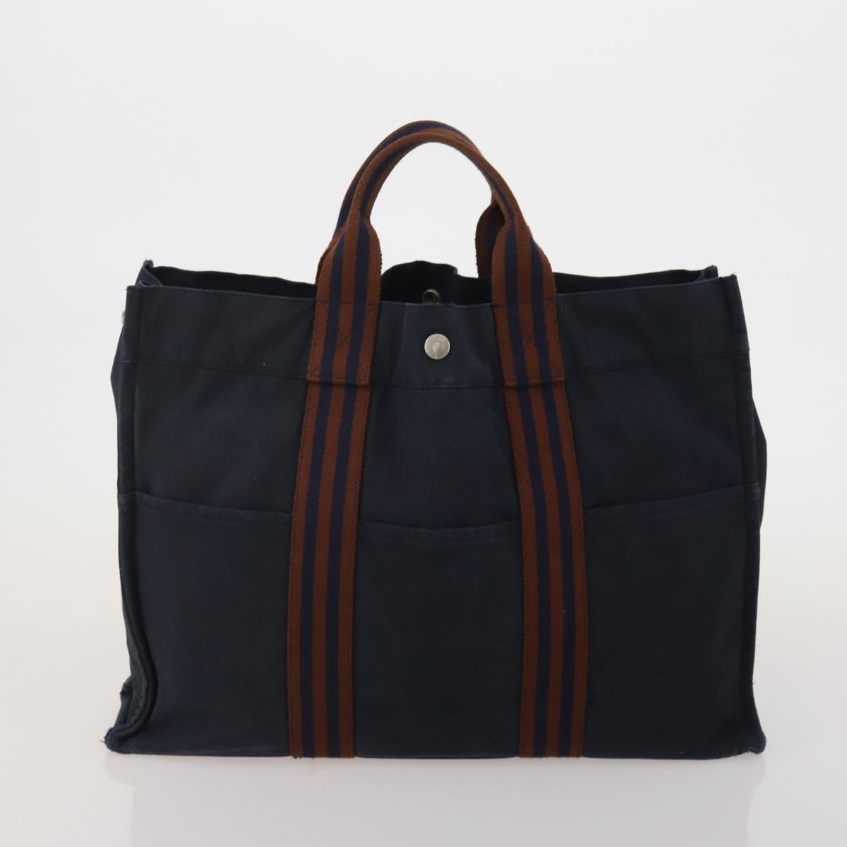 HERMES Fourre Tout MM Hand Bag Canvas 2 Set Navy Orange Auth 192416