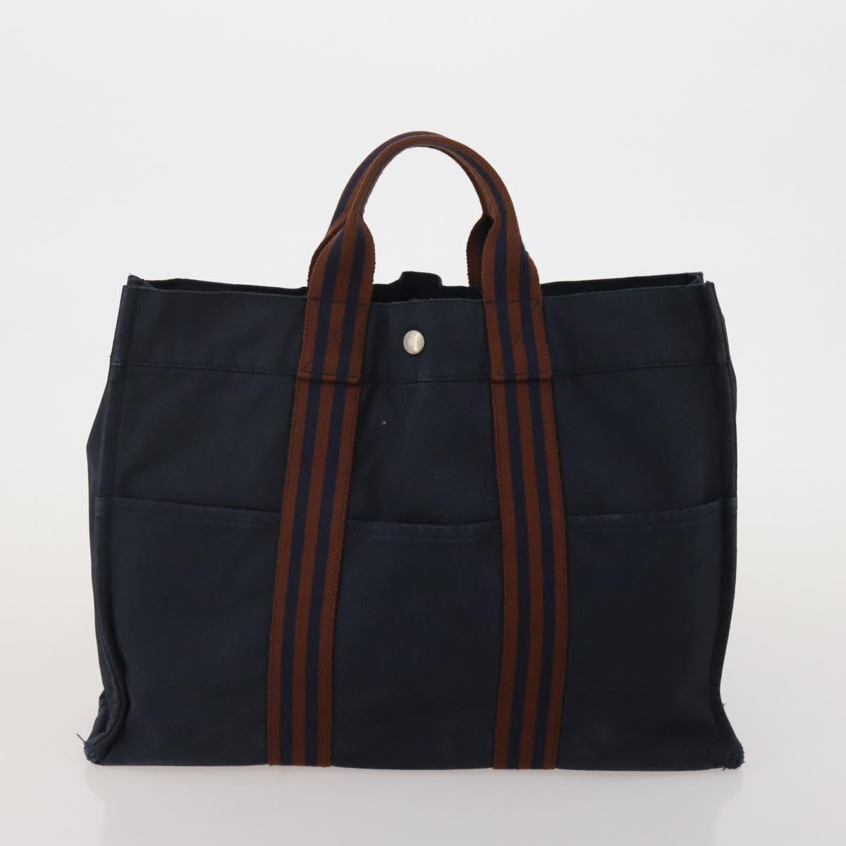 HERMES Fourre Tout MM Hand Bag Canvas 2 Set Navy Orange Auth 192416