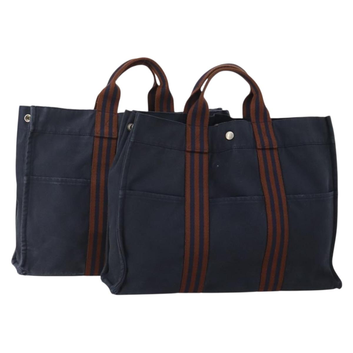 HERMES Fourre Tout MM Hand Bag Canvas 2 Set Navy Orange Auth 192416