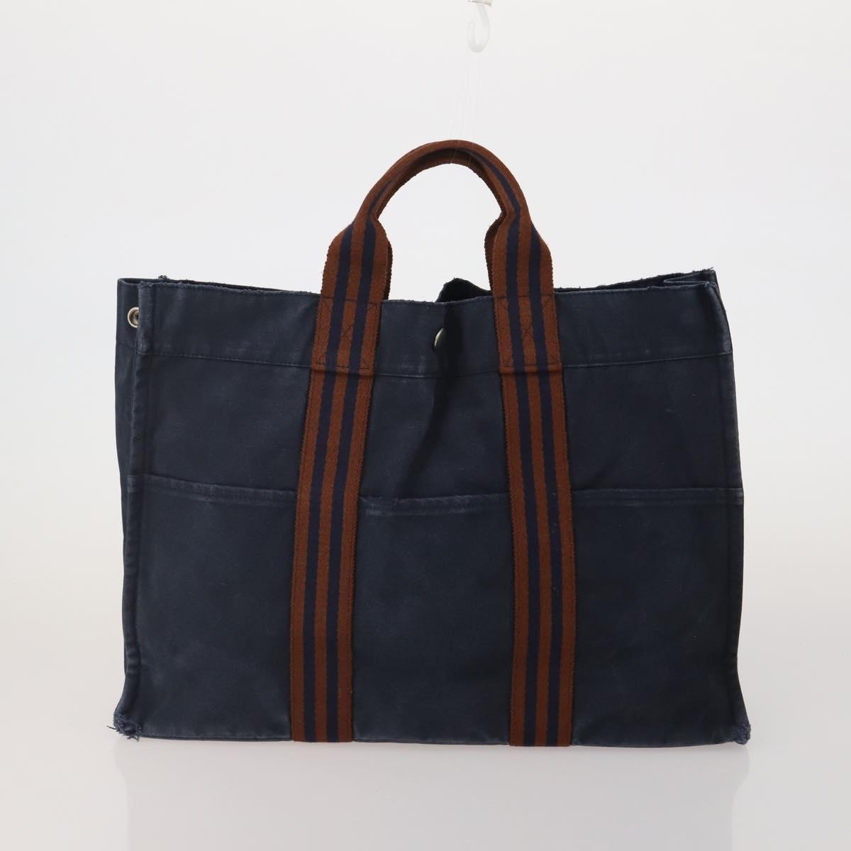 HERMES Fourre Tout MM Hand Bag Canvas 2 Set Navy Orange Auth 192416