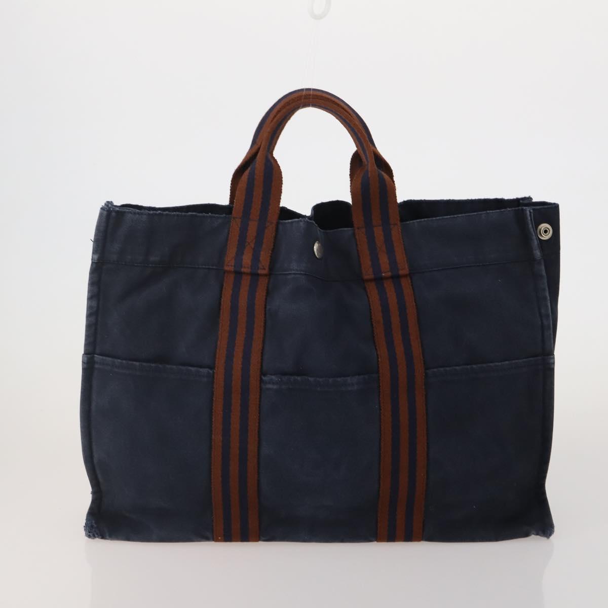 HERMES Fourre Tout MM Hand Bag Canvas 2 Set Navy Orange Auth 192416