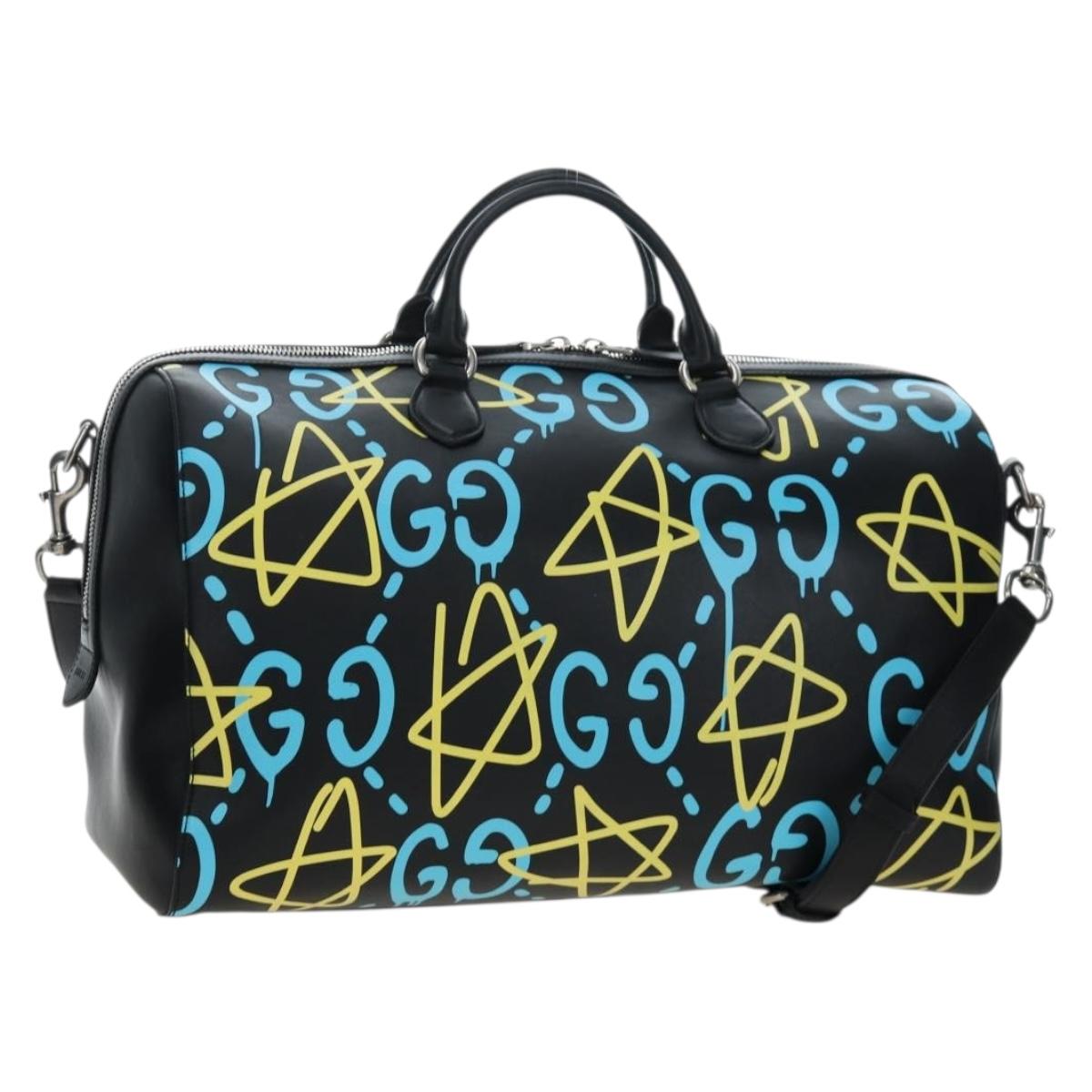 GUCCI Ghost Boston Bag Leather 2way Black Silver Auth 192424SAM