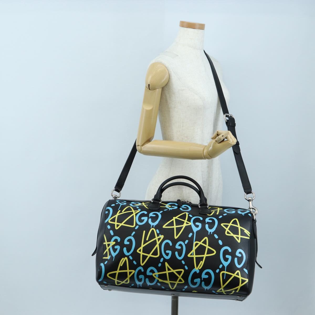 GUCCI Ghost Boston Bag Leather 2way Black Silver Auth 192424SAM