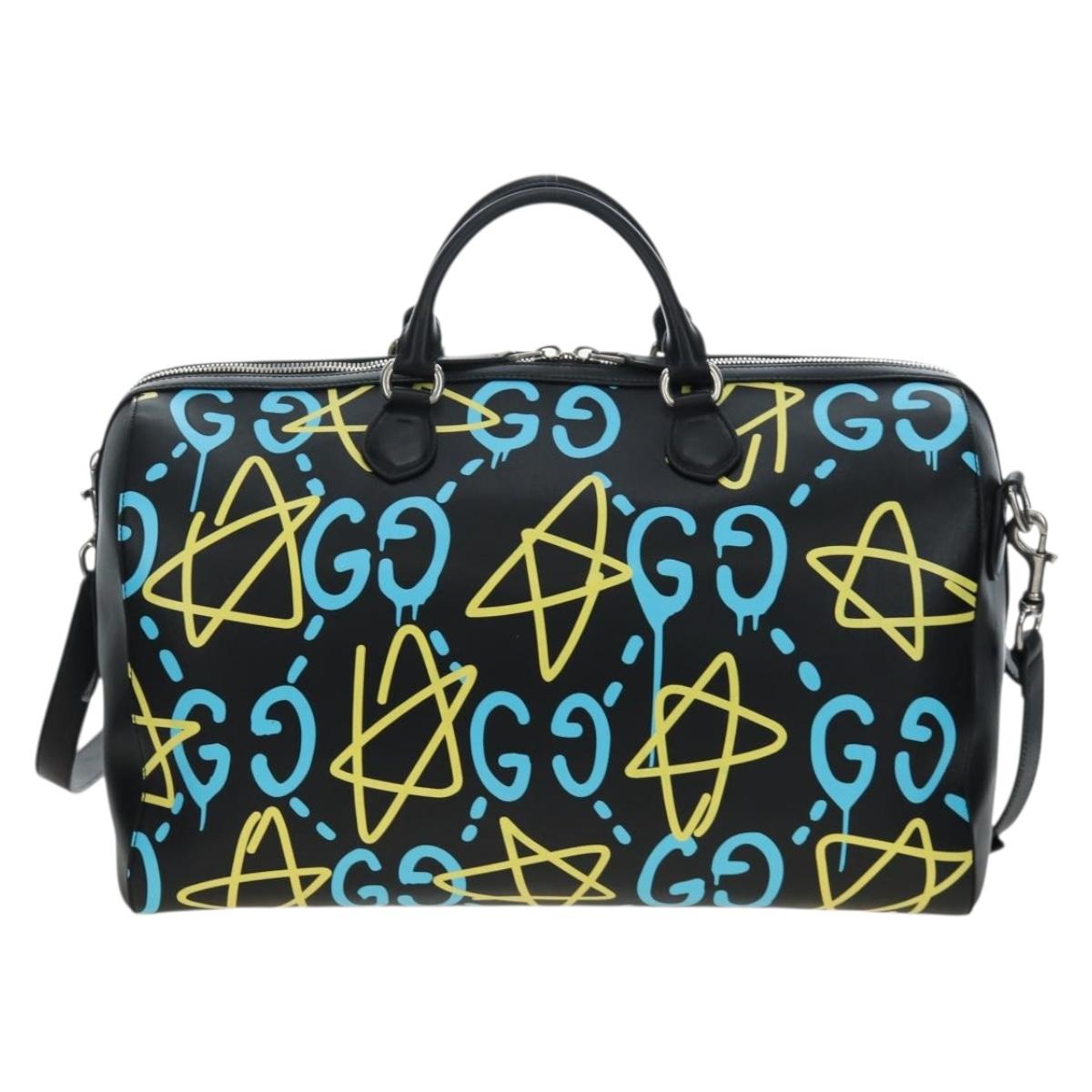 GUCCI Ghost Boston Bag Leather 2way Black Silver Auth 192424SAM