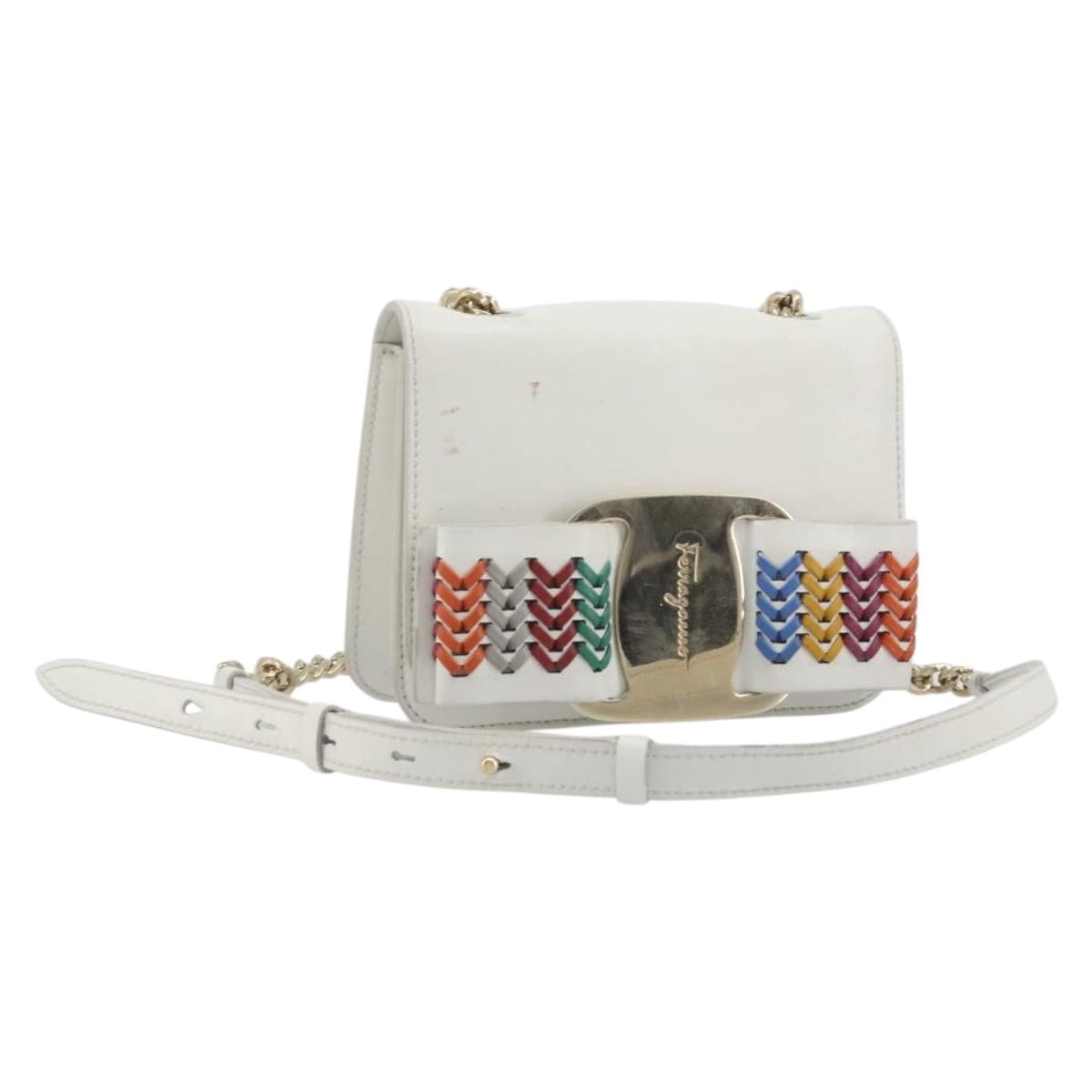 Salvatore Ferragamo Vala Chain Shoulder Bag Leather White Gold Auth 192429