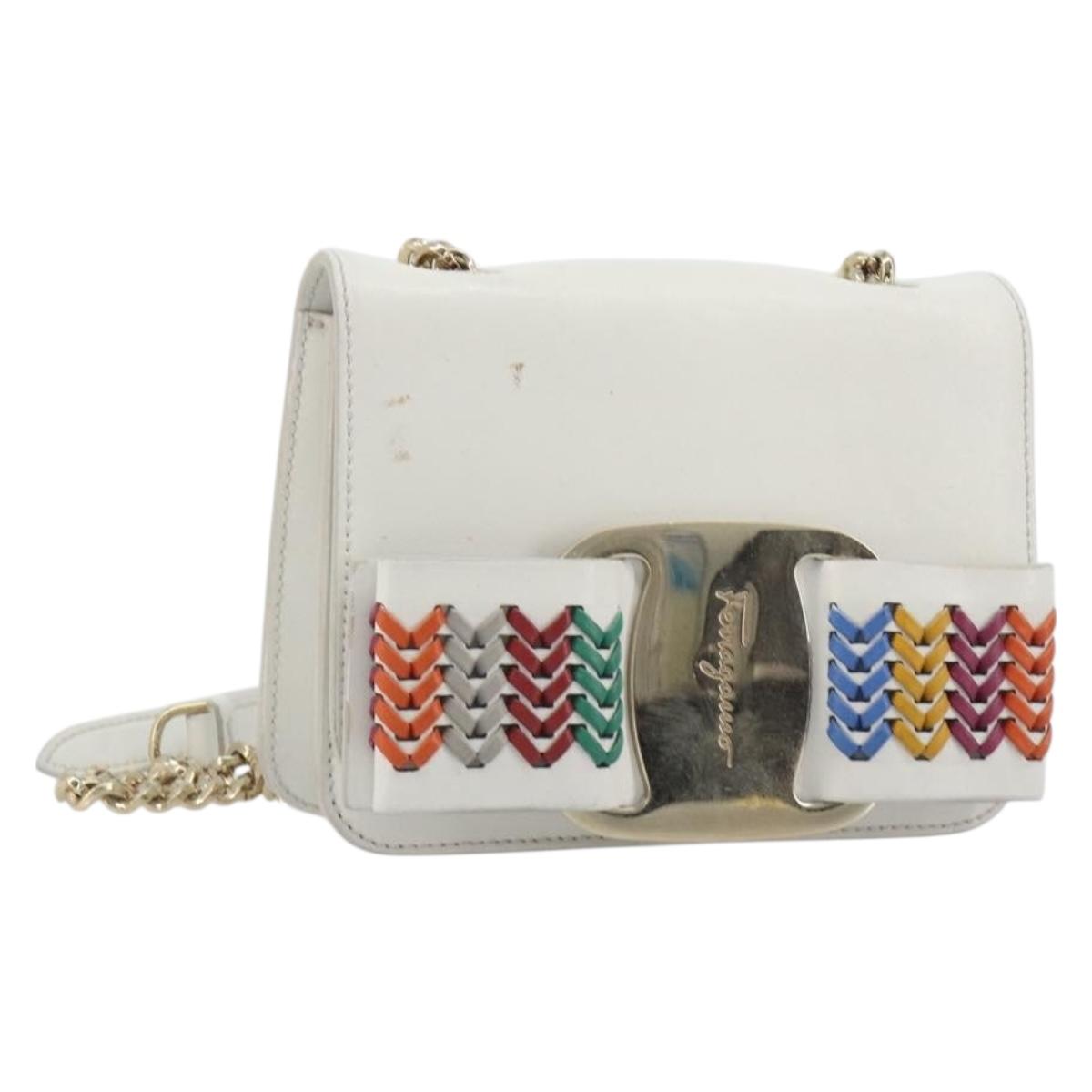Salvatore Ferragamo Vala Chain Shoulder Bag Leather White Gold Auth 192429