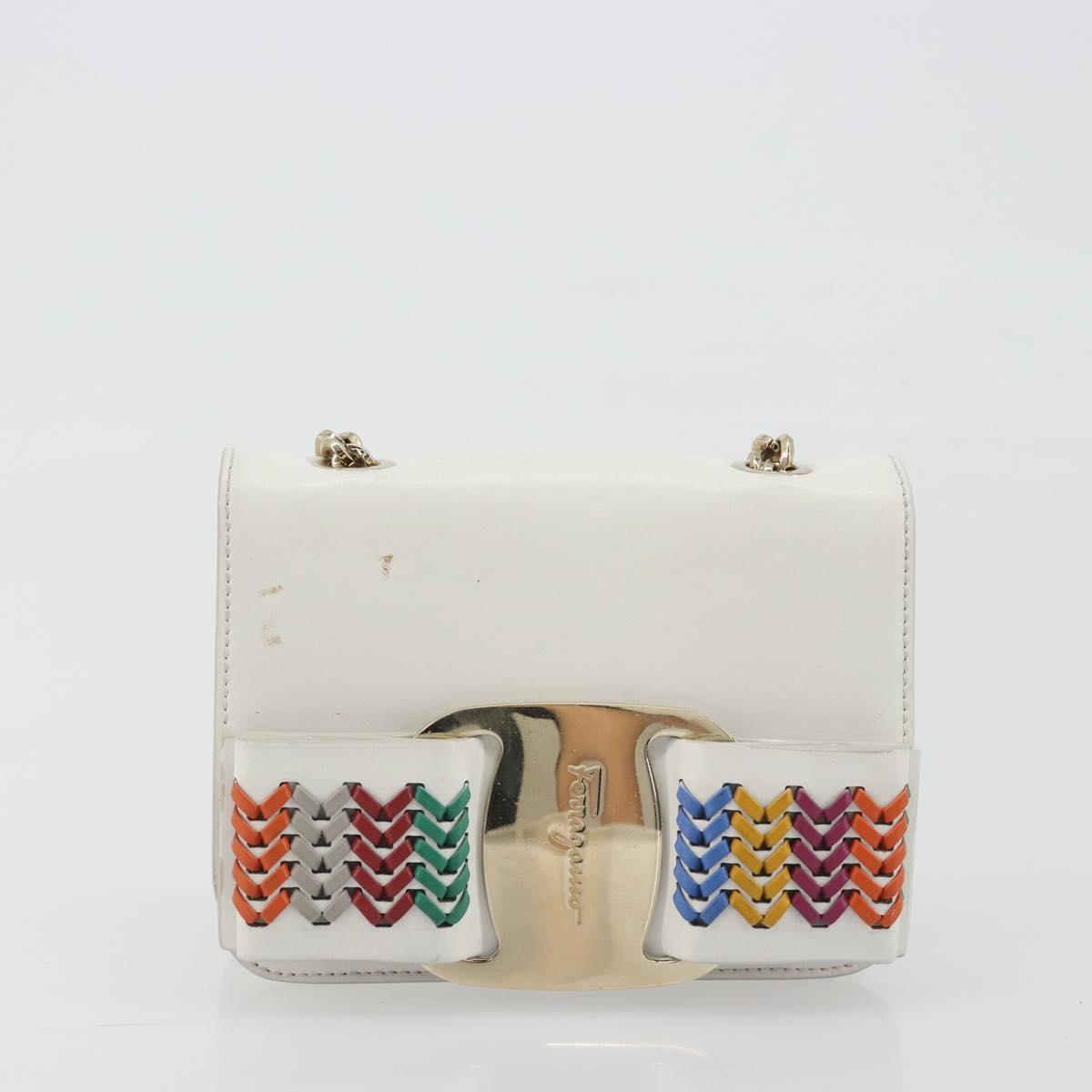 Salvatore Ferragamo Vala Chain Shoulder Bag Leather White Gold Auth 192429