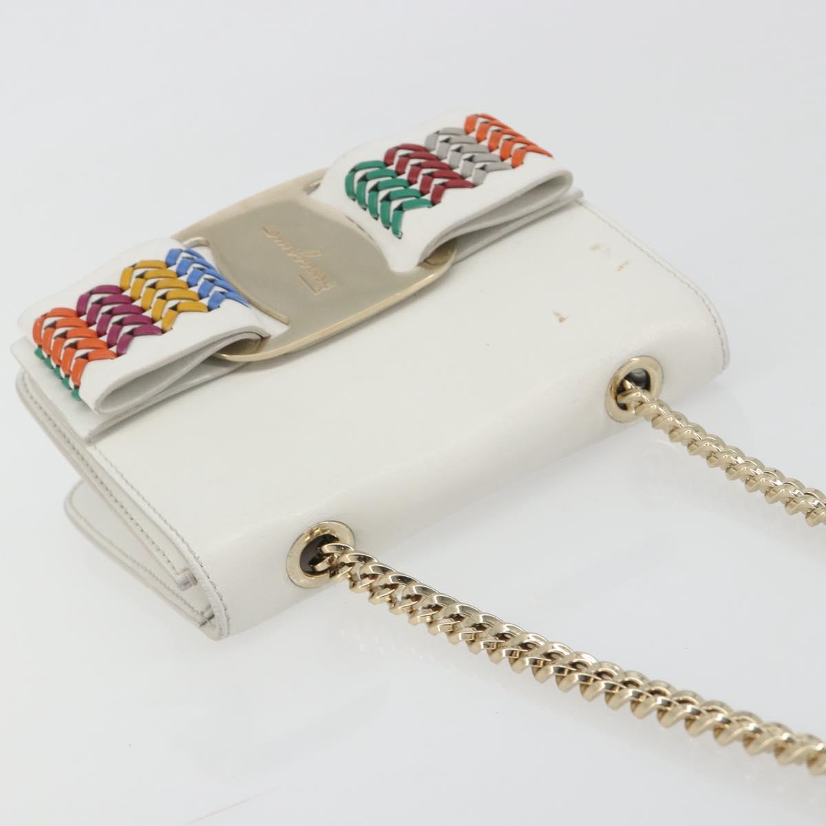 Salvatore Ferragamo Vala Chain Shoulder Bag Leather White Gold Auth 192429