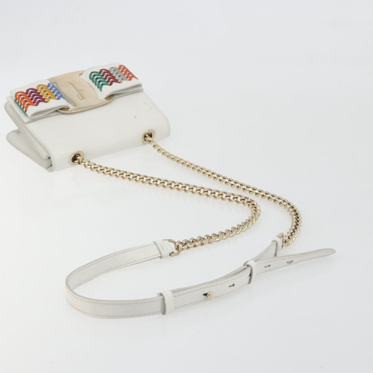 Salvatore Ferragamo Vala Chain Shoulder Bag Leather White Gold Auth 192429