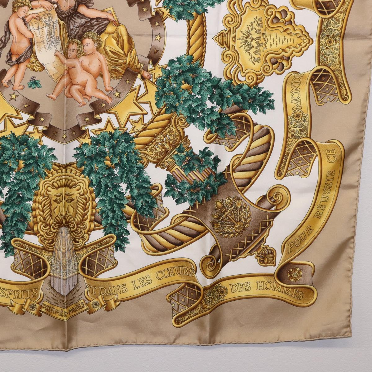 HERMES Carre 90 Scarf ”DANS LES ESPRITS” Silk Beige Auth 192450