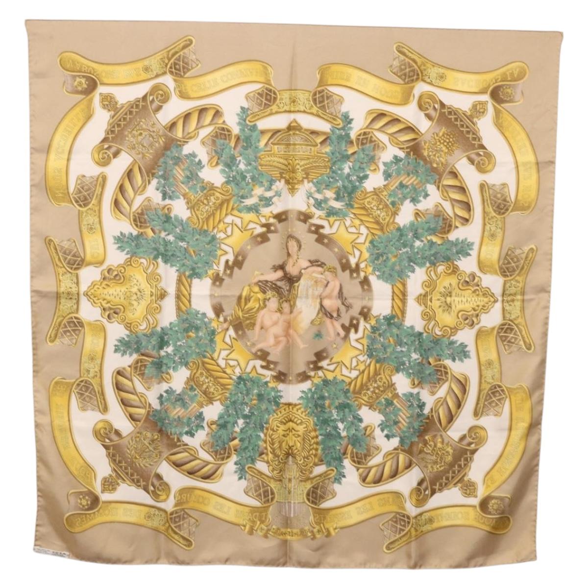 HERMES Carre 90 Scarf ”DANS LES ESPRITS” Silk Beige Auth 192450