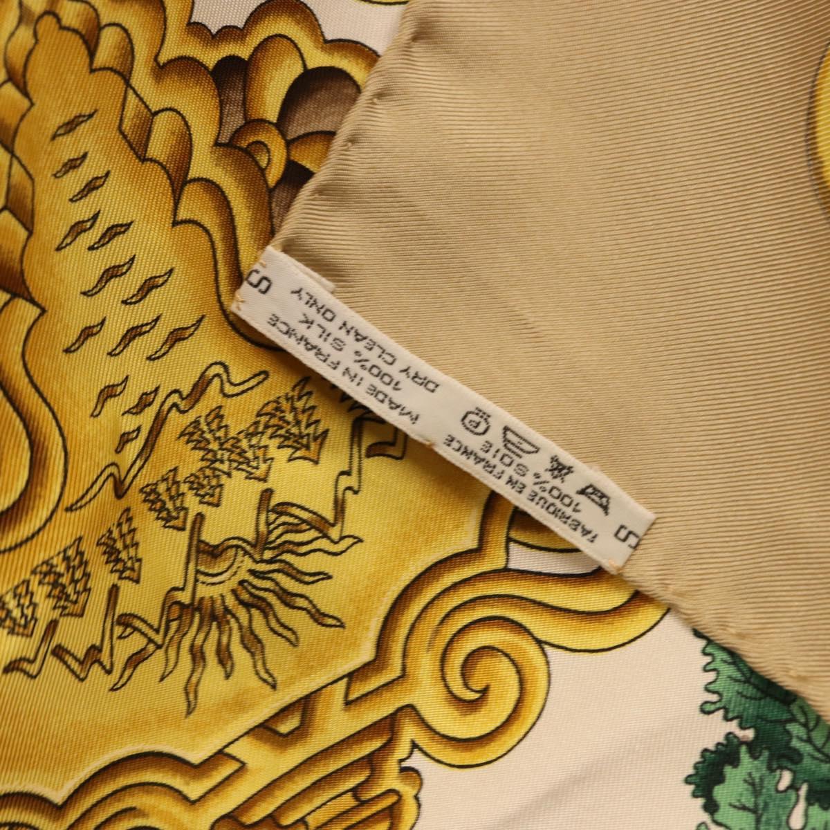 HERMES Carre 90 Scarf ”DANS LES ESPRITS” Silk Beige Auth 192450