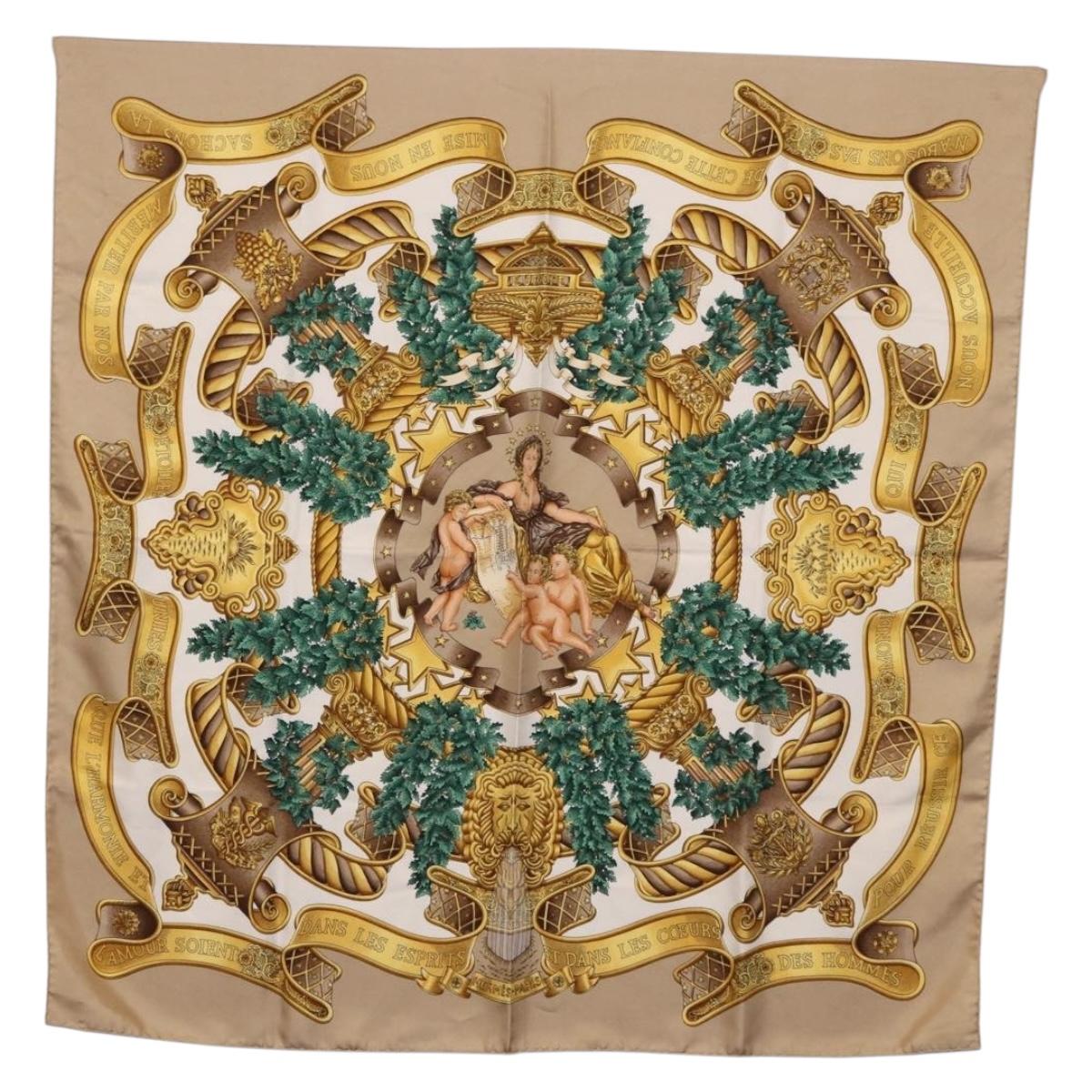 HERMES Carre 90 Scarf ”DANS LES ESPRITS” Silk Beige Auth 192450