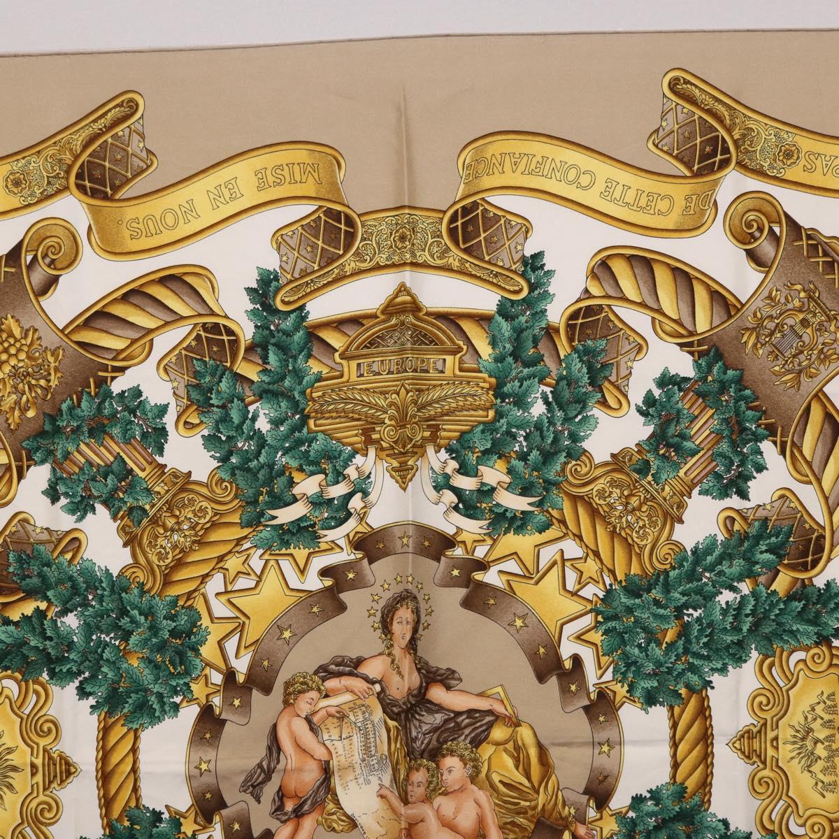 HERMES Carre 90 Scarf ”DANS LES ESPRITS” Silk Beige Auth 192450