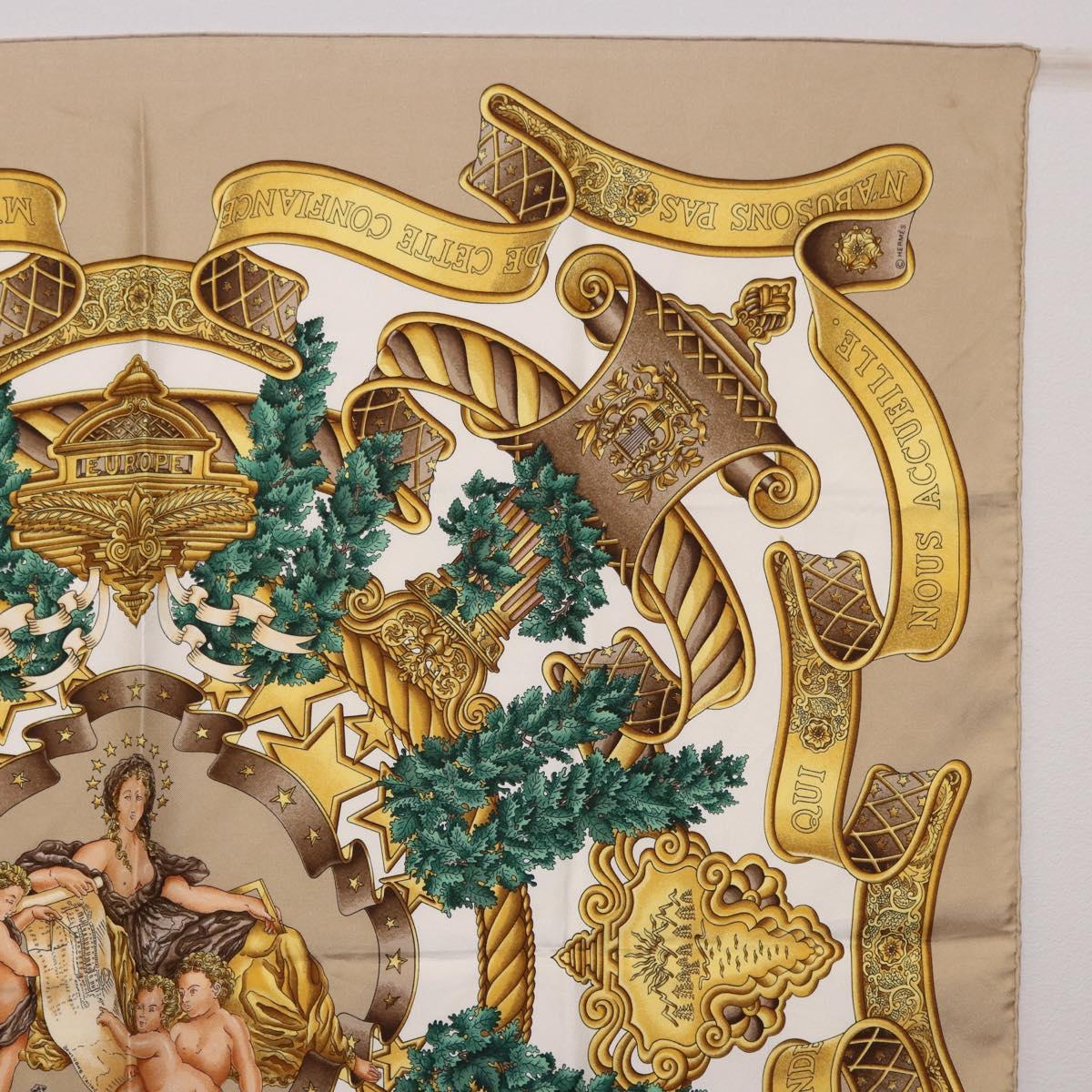 HERMES Carre 90 Scarf ”DANS LES ESPRITS” Silk Beige Auth 192450