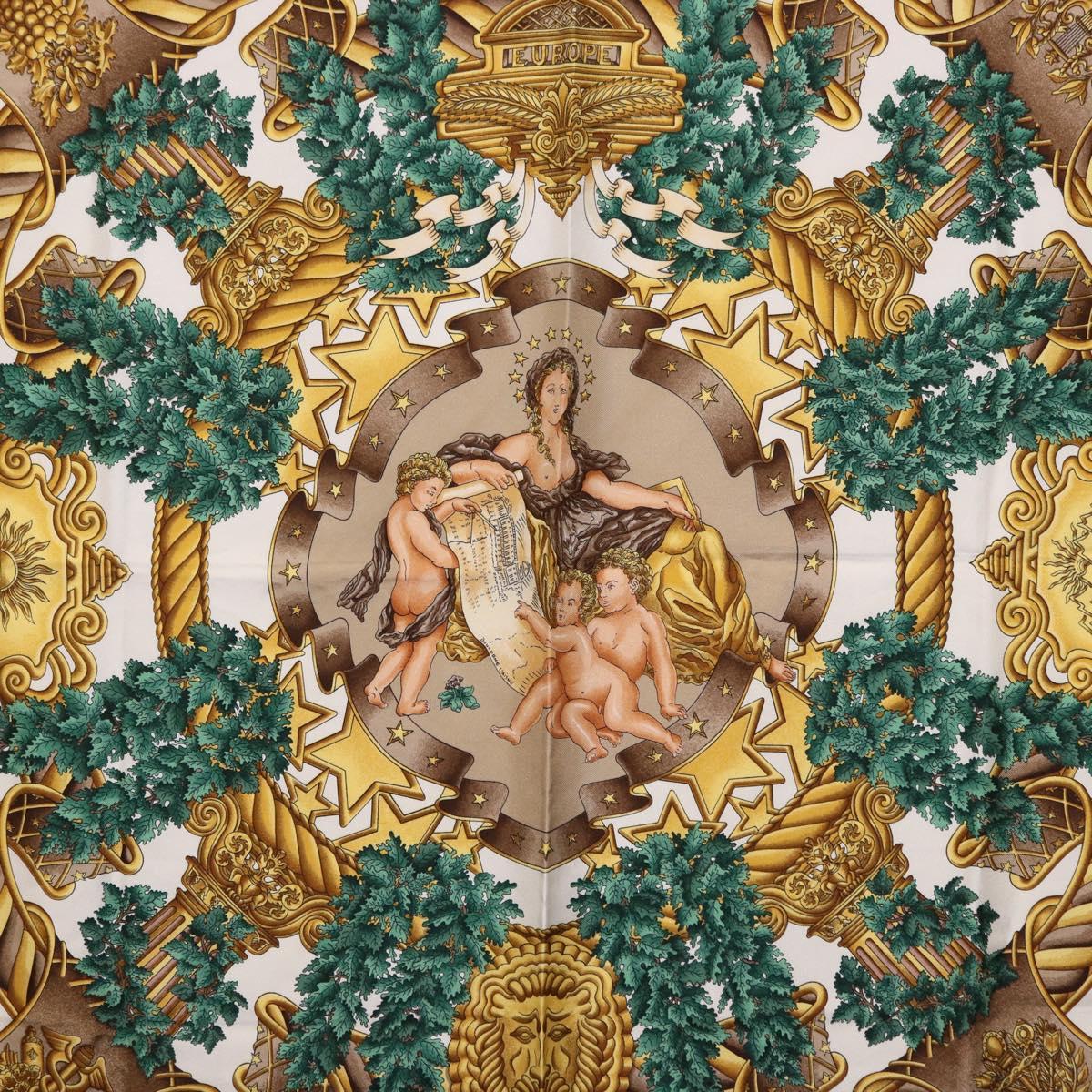 HERMES Carre 90 Scarf ”DANS LES ESPRITS” Silk Beige Auth 192450
