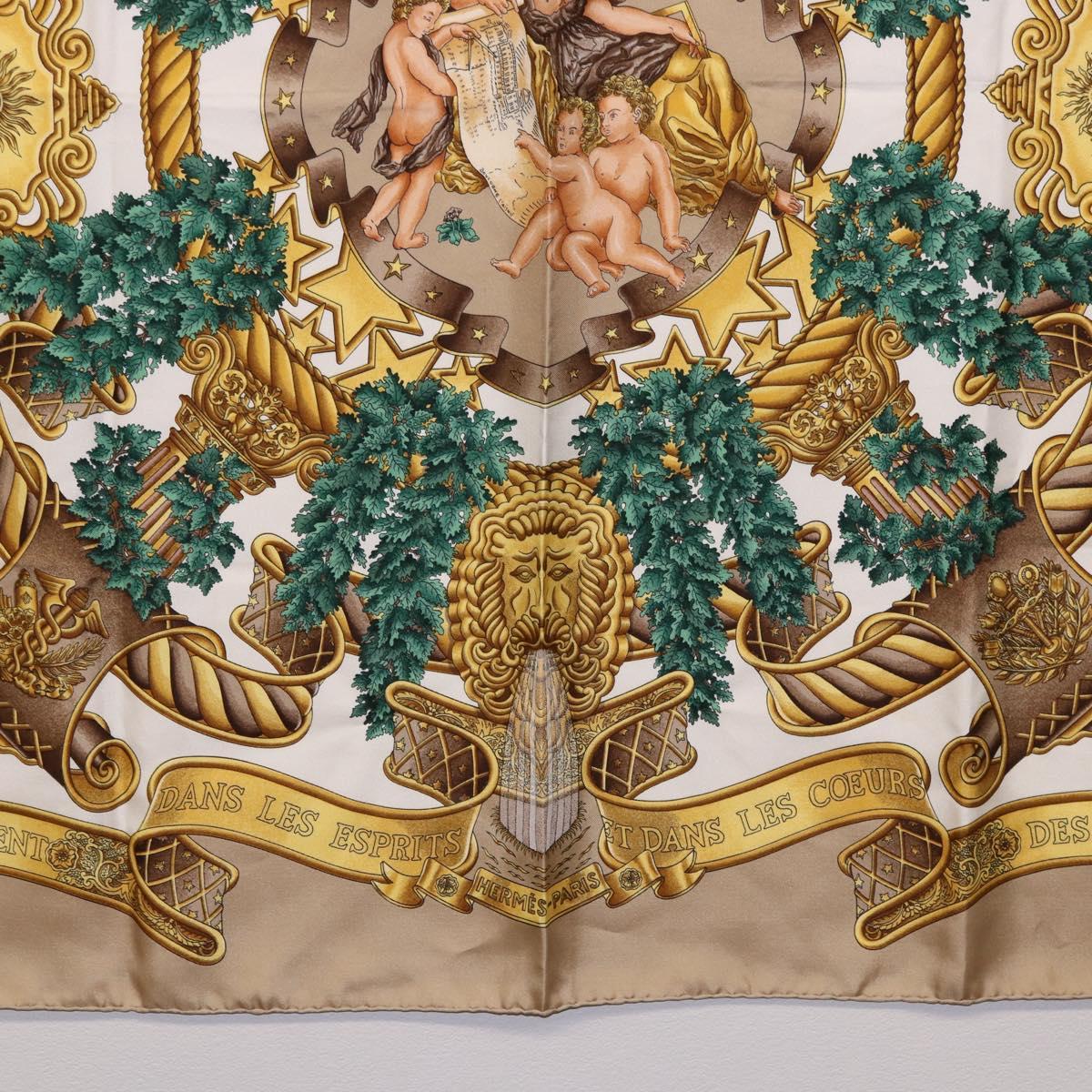 HERMES Carre 90 Scarf ”DANS LES ESPRITS” Silk Beige Auth 192450