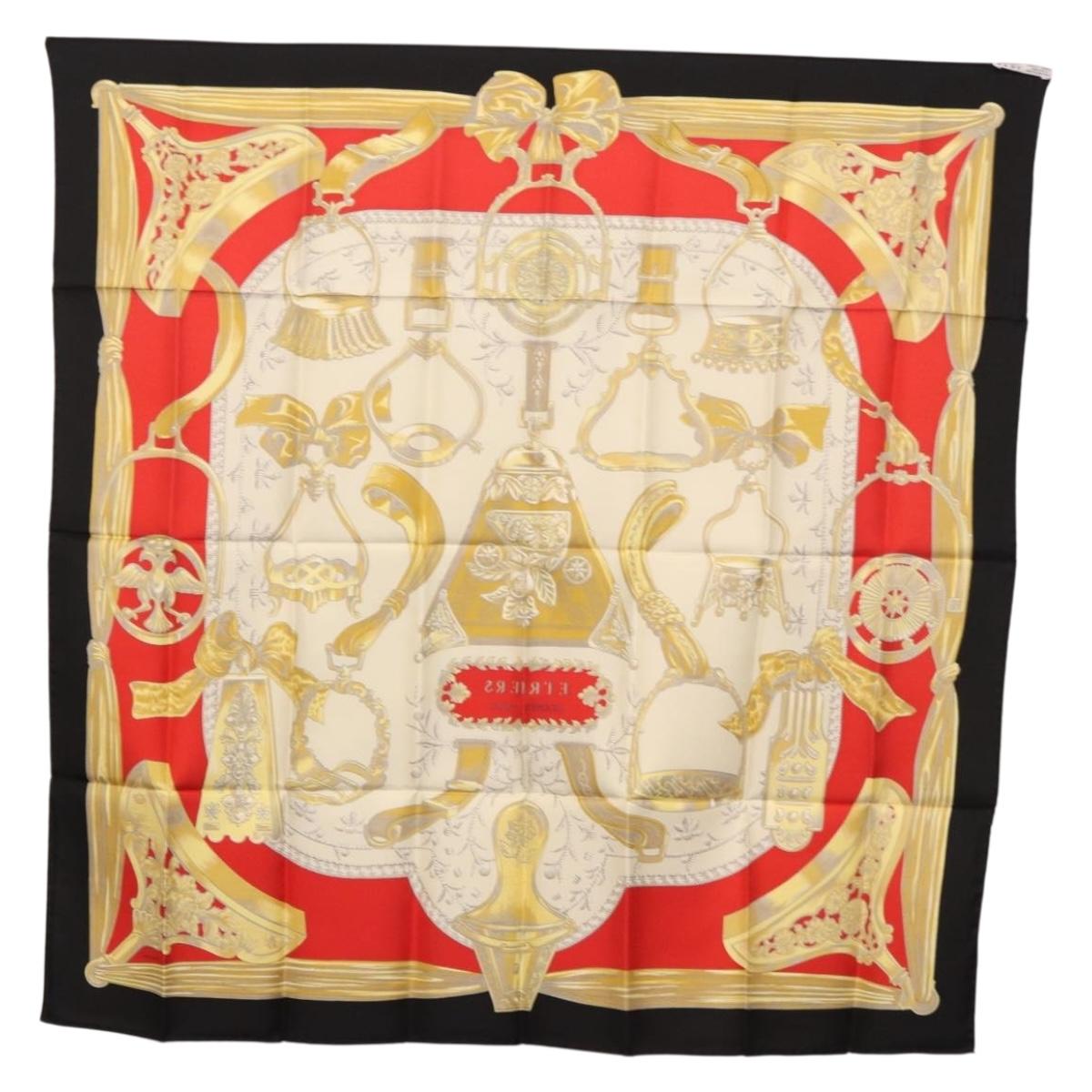 HERMES Carre 90 Scarf ”ETRIERS” Silk Black Auth 192451M