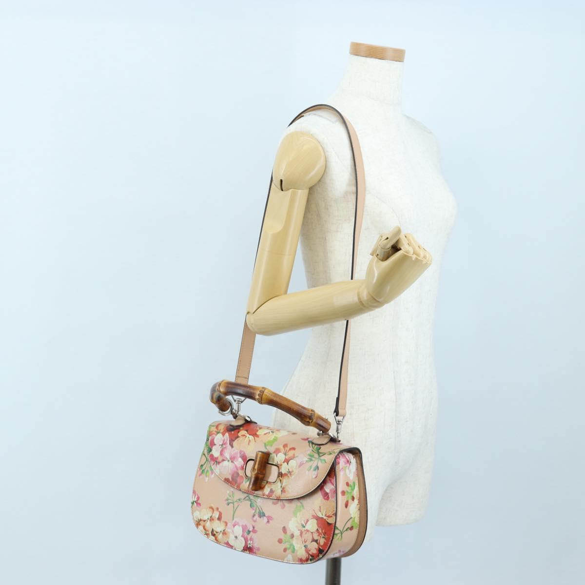GUCCI Blooms Bamboo Hand Bag Leather 2way Pink Silver 409398 Auth 192456V