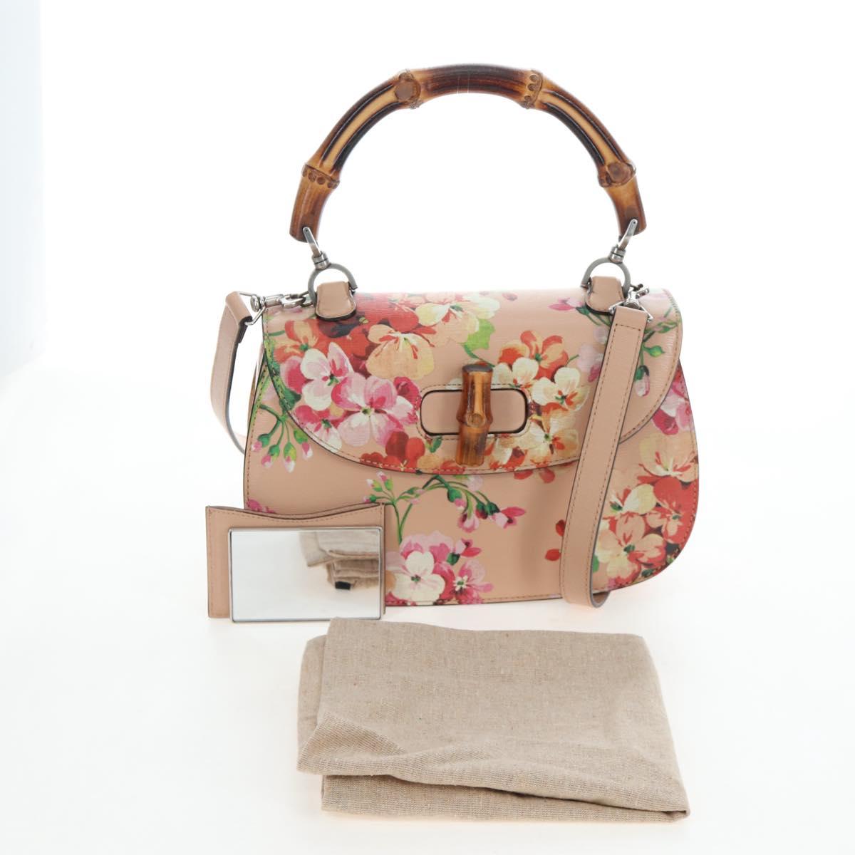 GUCCI Blooms Bamboo Hand Bag Leather 2way Pink Silver 409398 Auth 192456V