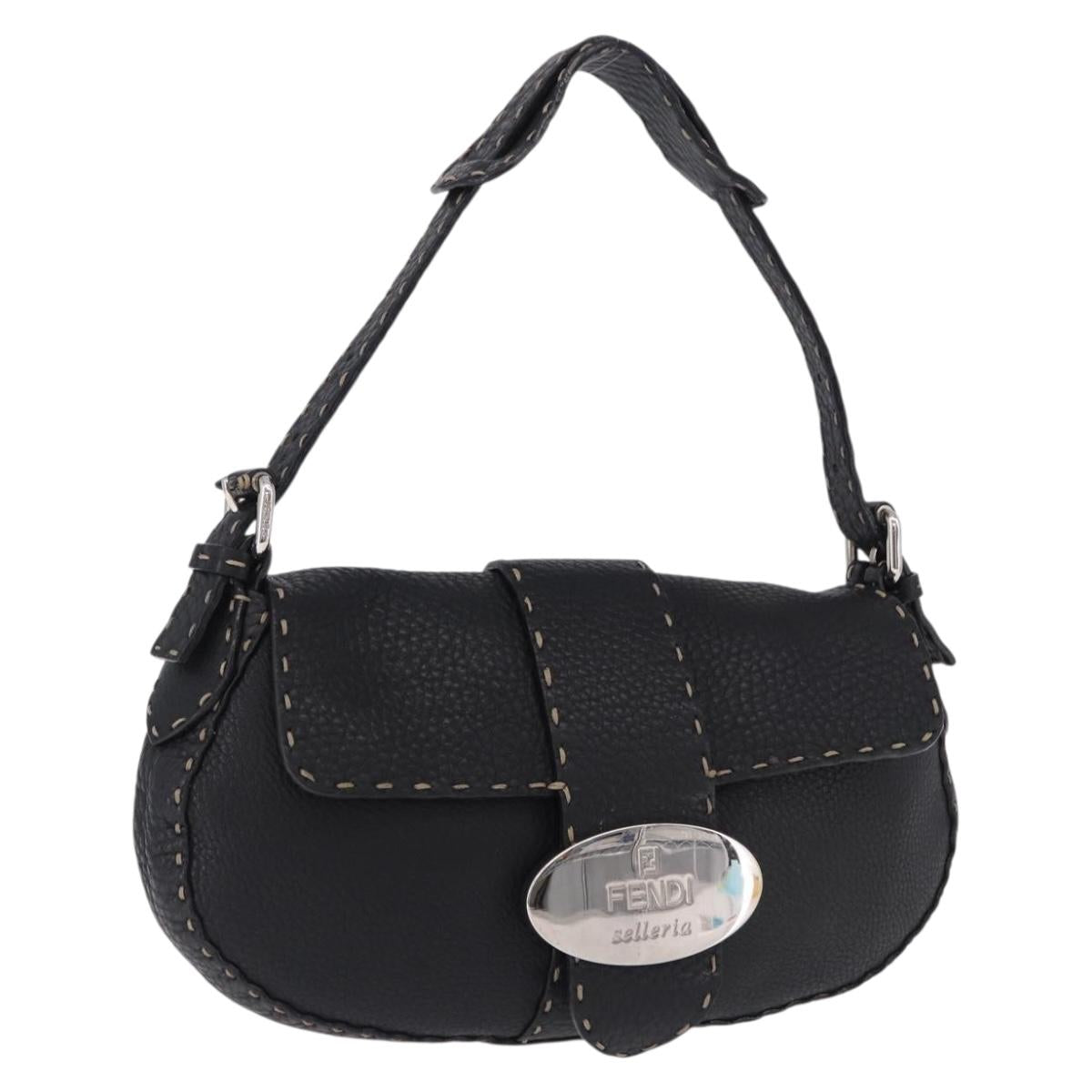 FENDI Shoulder Bag Leather Black Silver Auth 192479A