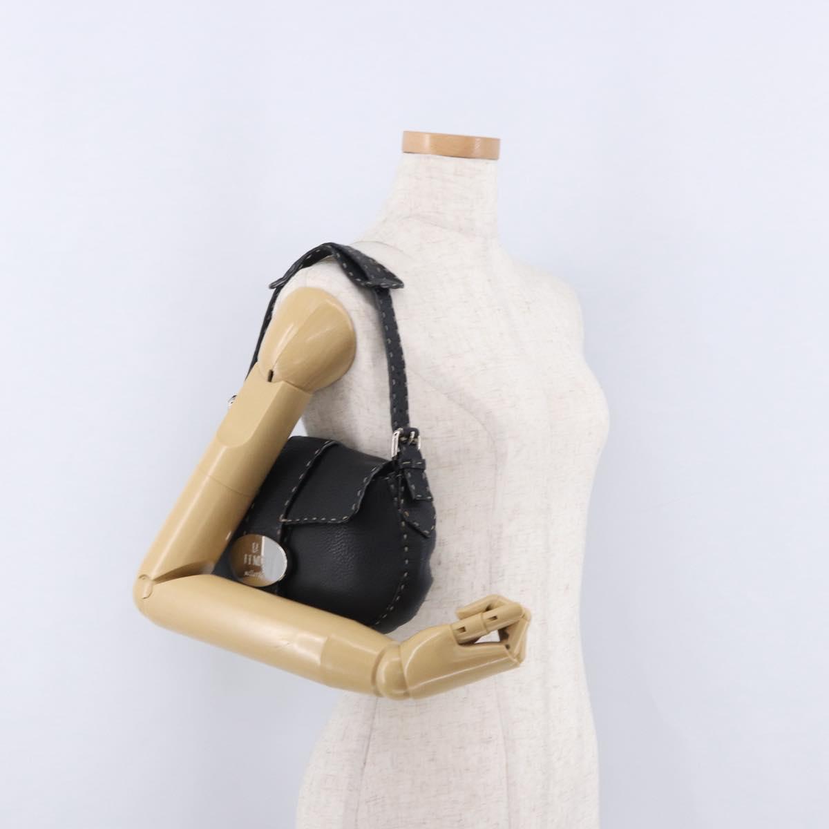 FENDI Shoulder Bag Leather Black Silver Auth 192479A