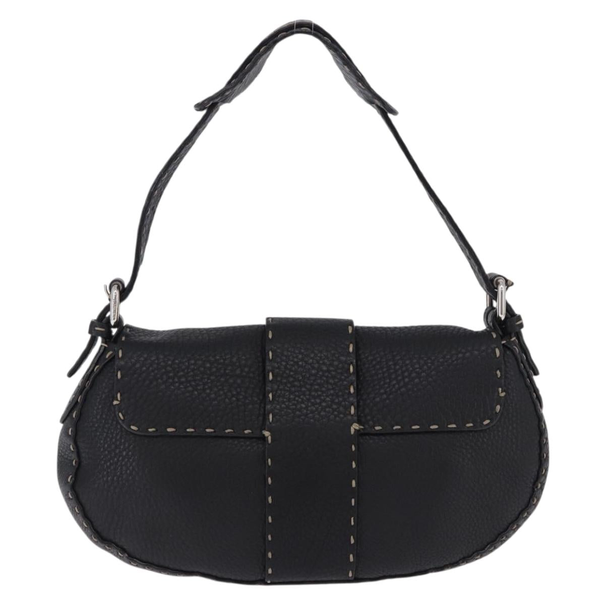FENDI Shoulder Bag Leather Black Silver Auth 192479A
