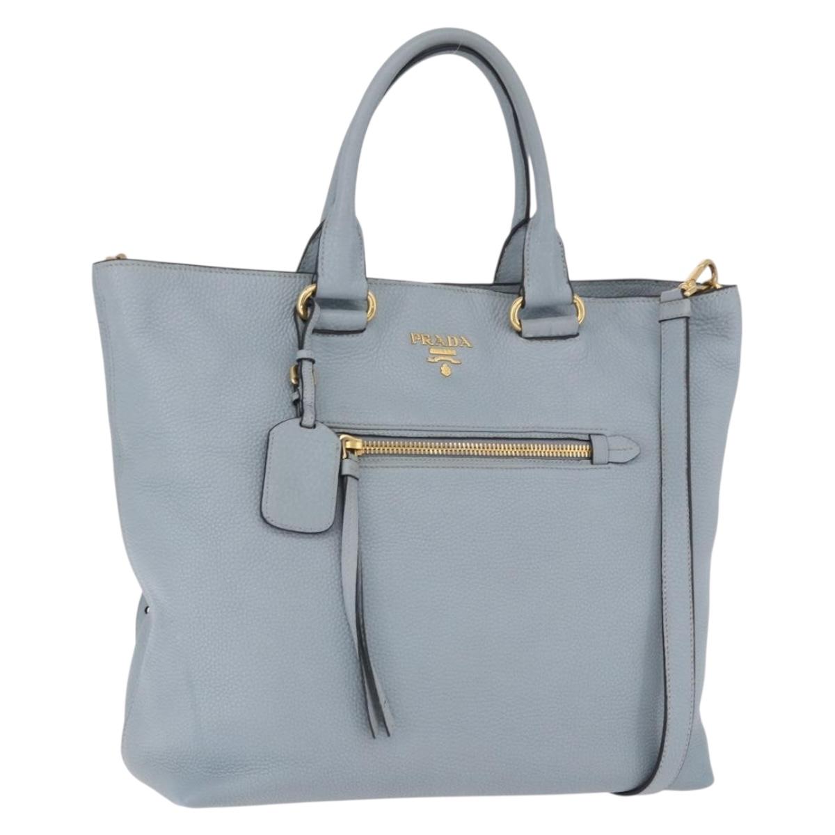 PRADA Tote Bag Leather 2way Light Blue Gold Auth 192481A
