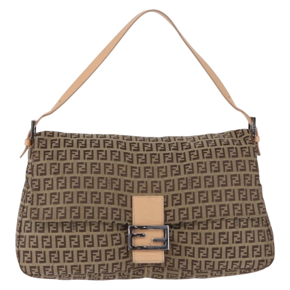 FENDI Zucchino Canvas Mamma Baguette Shoulder Bag Beige Silver Auth 192483