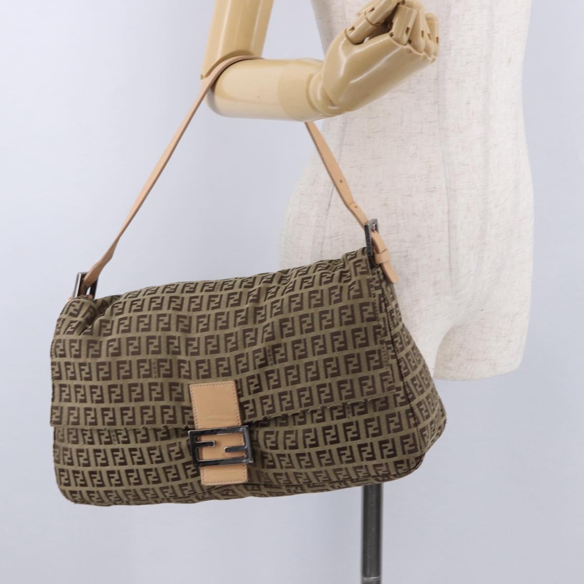FENDI Zucchino Canvas Mamma Baguette Shoulder Bag Beige Silver Auth 192483