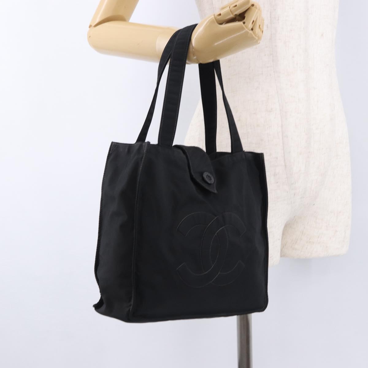CHANEL Tote Bag Nylon Black Gold CC Auth 192486A