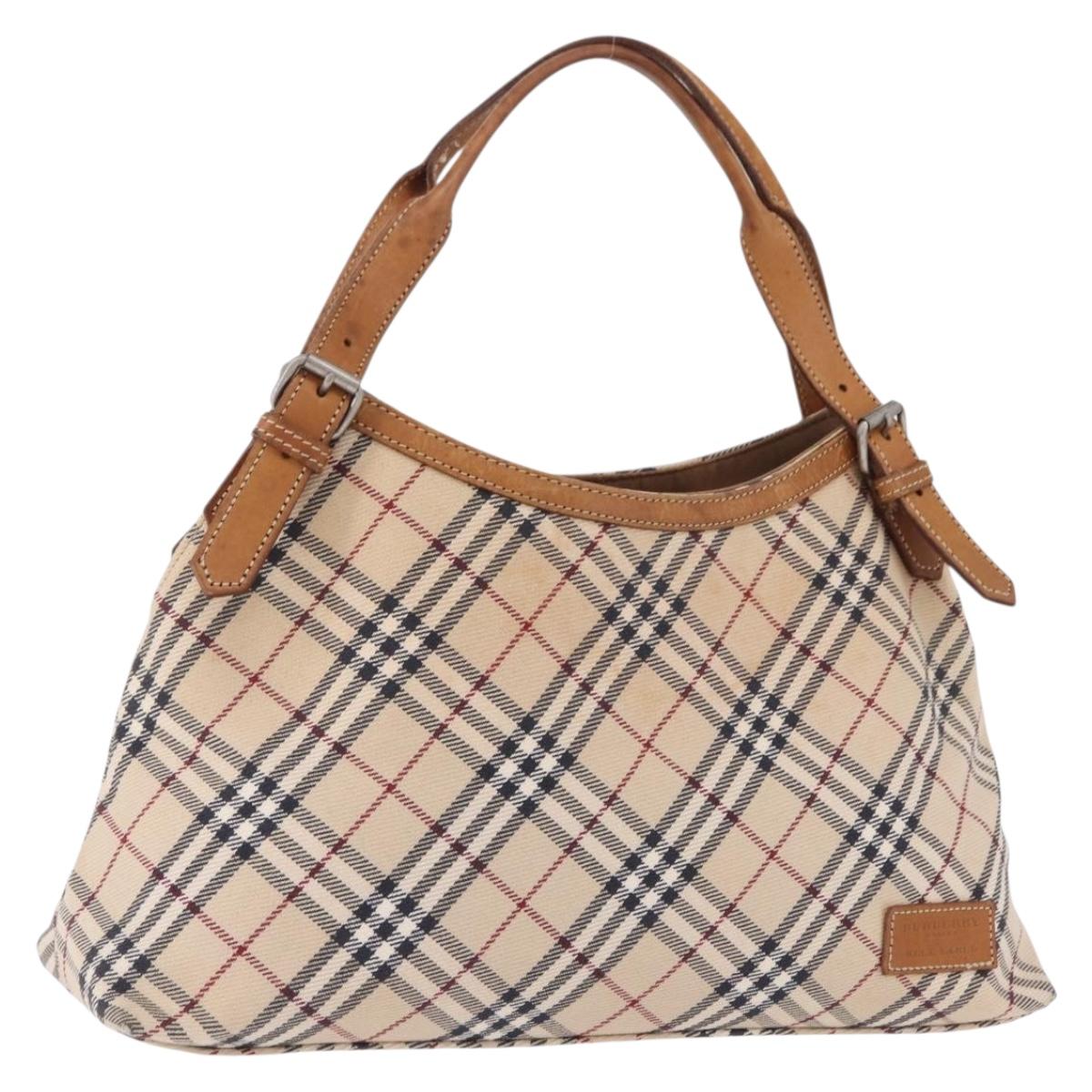 BURBERRY Nova Check Blue Label Tote Bag Canvas Beige Silver Auth 192503