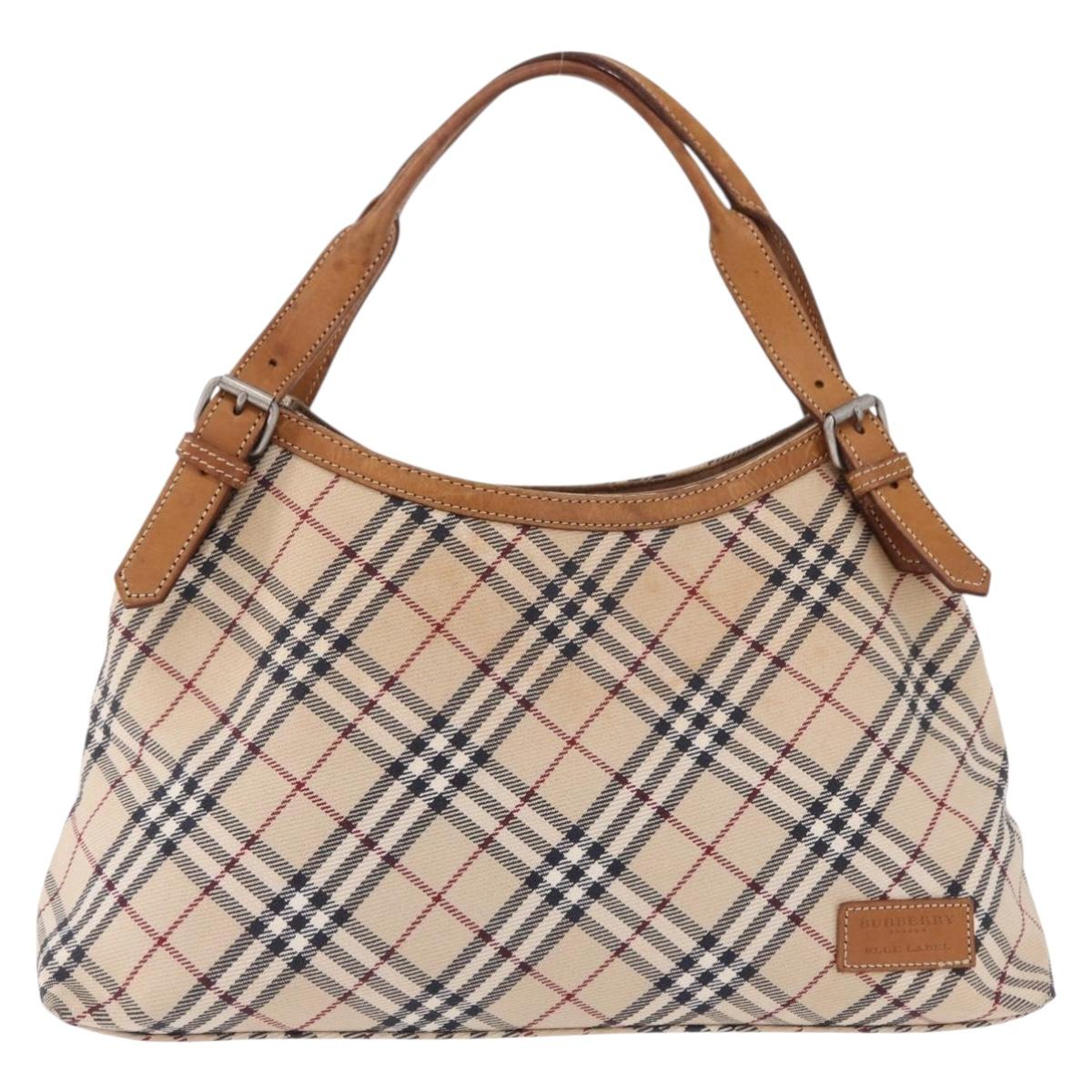 BURBERRY Nova Check Blue Label Tote Bag Canvas Beige Silver Auth 192503