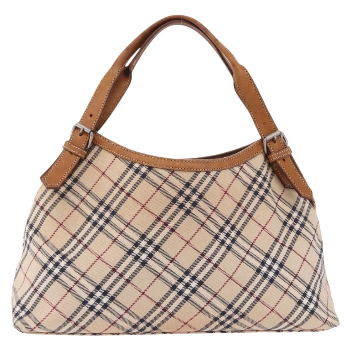 BURBERRY Nova Check Blue Label Tote Bag Canvas Beige Silver Auth 192503