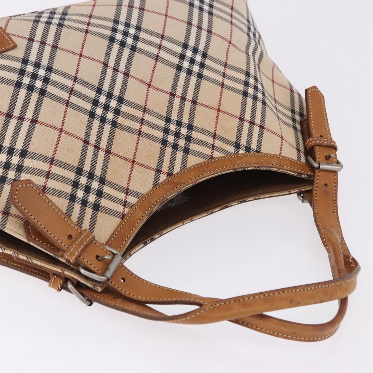 BURBERRY Nova Check Blue Label Tote Bag Canvas Beige Silver Auth 192503