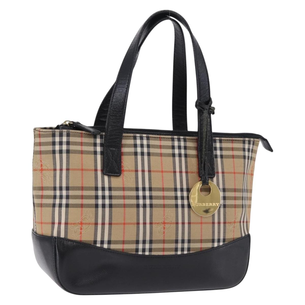 BURBERRY Nova Check Hand Bag Canvas Beige Gold Auth 192505
