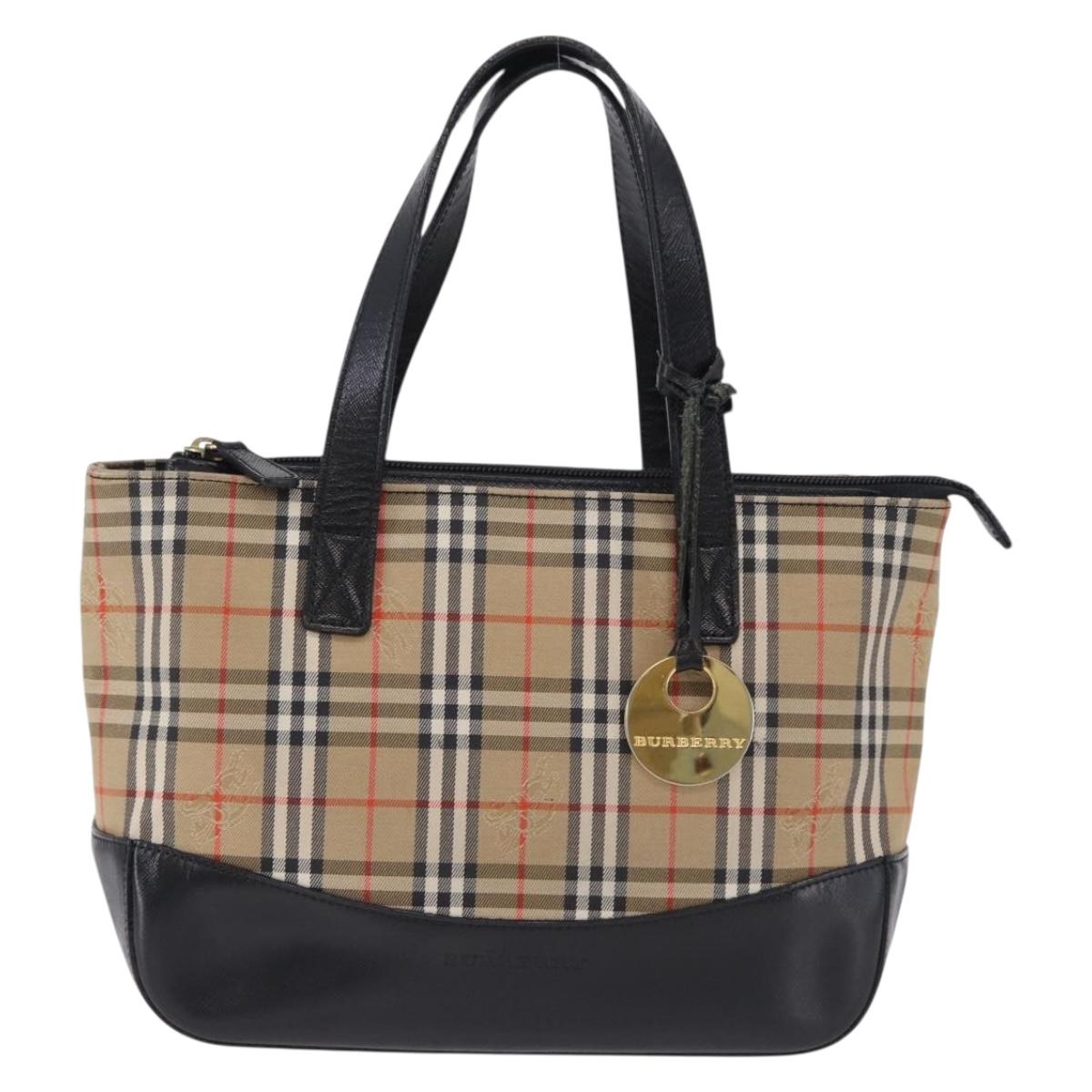 BURBERRY Nova Check Hand Bag Canvas Beige Gold Auth 192505