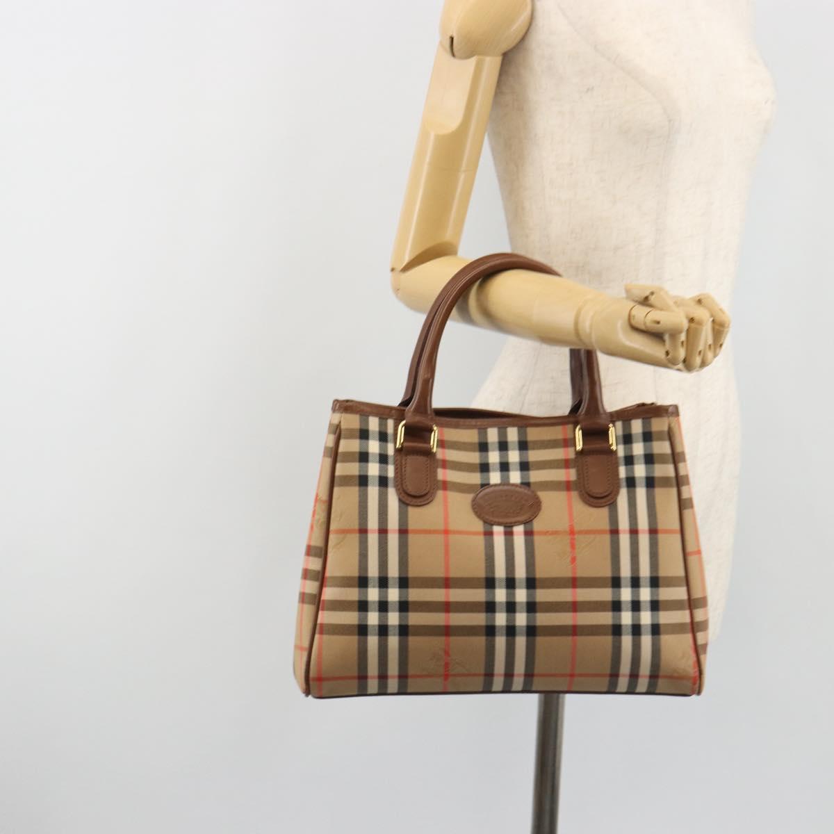 Burberrys Nova Check Hand Bag Canvas Beige Gold Auth 192506