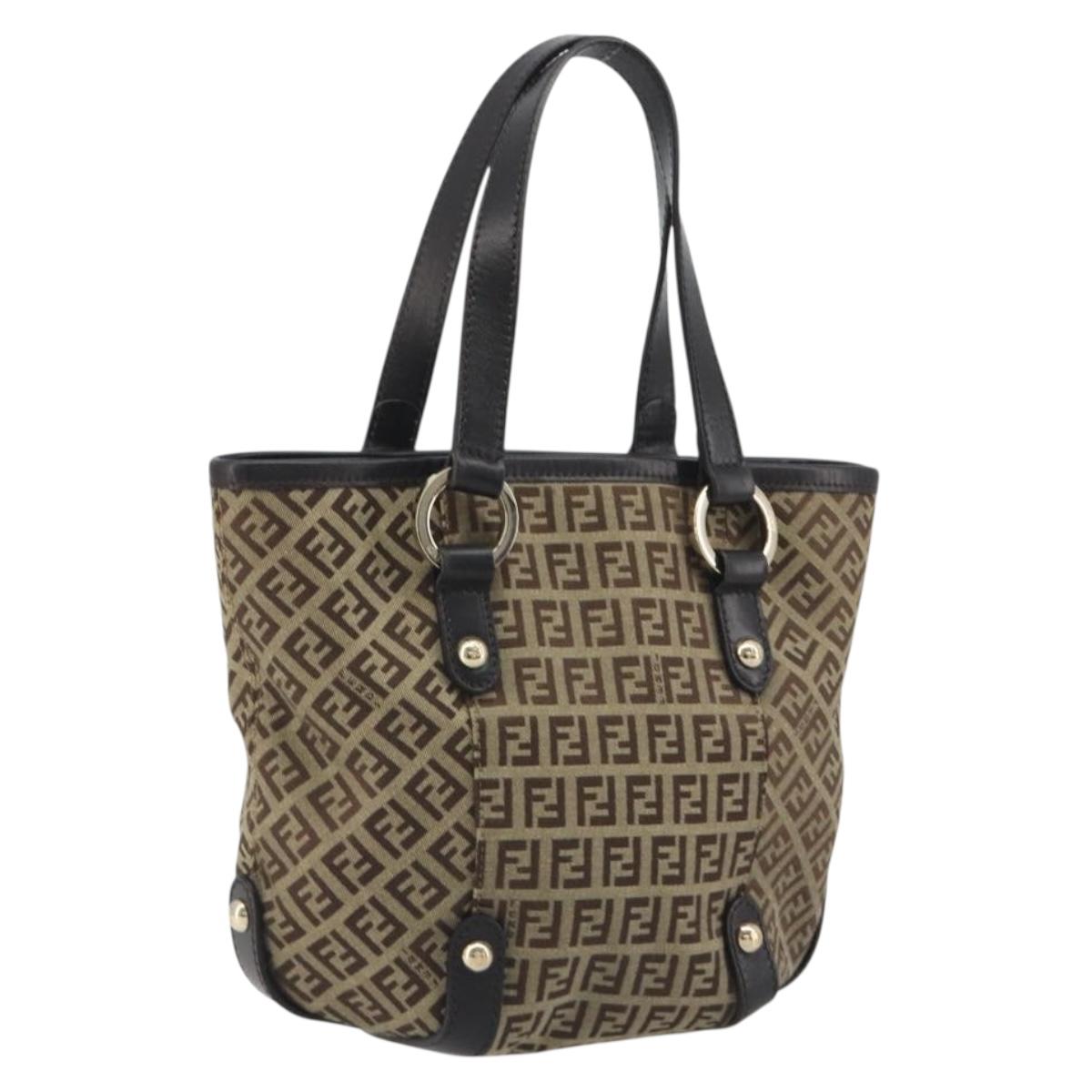 FENDI Zucchino Canvas Hand Bag Beige Gold Auth 192524A