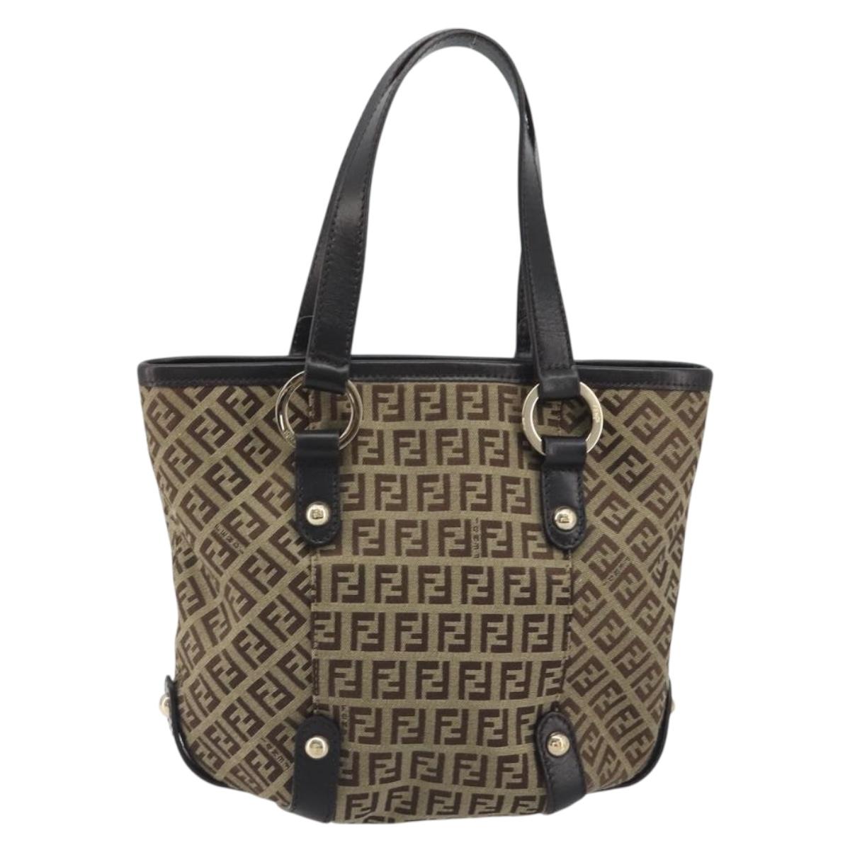 FENDI Zucchino Canvas Hand Bag Beige Gold Auth 192524A