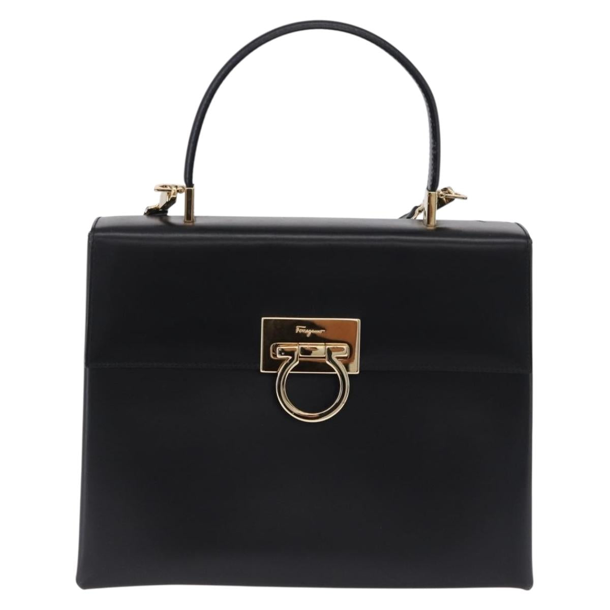Salvatore Ferragamo Gancini Hand Bag Leather 2way Black Gold Auth 192528A