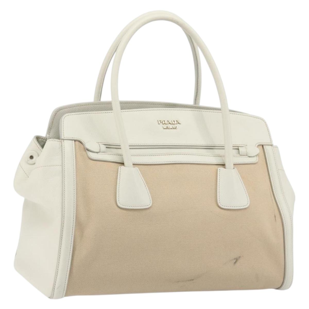 PRADA Hand Bag Canvas Beige Gold Auth 192530A